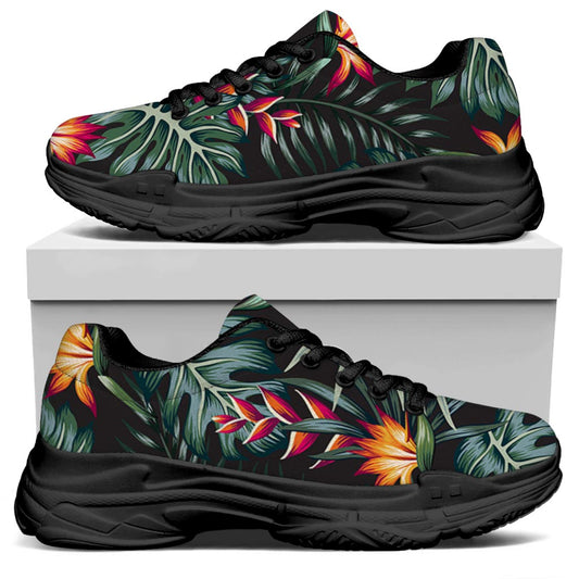 Hawaiian Tropical Plants Pattern Print Black Chunky Shoes