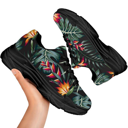 Hawaiian Tropical Plants Pattern Print Black Chunky Shoes