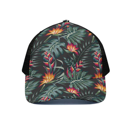 Hawaiian Tropical Plants Pattern Print Black Mesh Trucker Cap