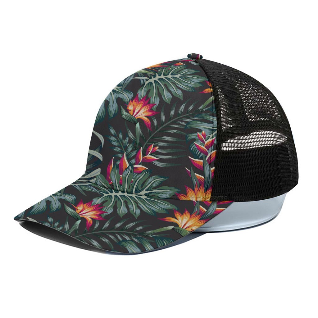 Hawaiian Tropical Plants Pattern Print Black Mesh Trucker Cap
