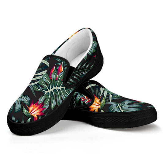 Hawaiian Tropical Plants Pattern Print Black Slip On Sneakers