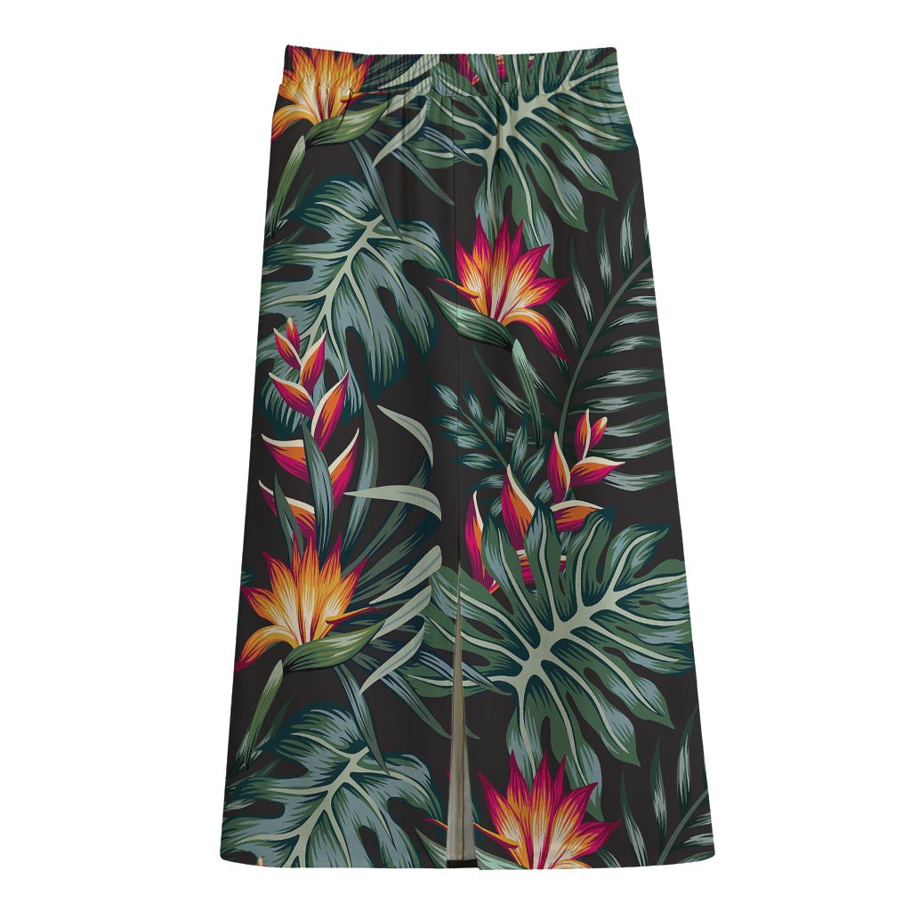 Hawaiian Tropical Plants Pattern Print Cotton Front Slit Maxi Skirt