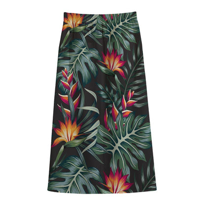 Hawaiian Tropical Plants Pattern Print Cotton Front Slit Maxi Skirt