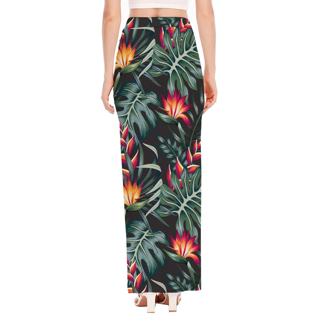 Hawaiian Tropical Plants Pattern Print High Slit Maxi Skirt