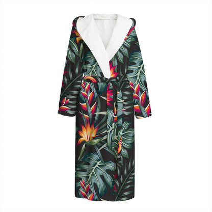 Hawaiian Tropical Plants Pattern Print Hooded Bathrobe