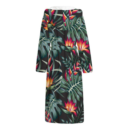 Hawaiian Tropical Plants Pattern Print Hooded Bathrobe