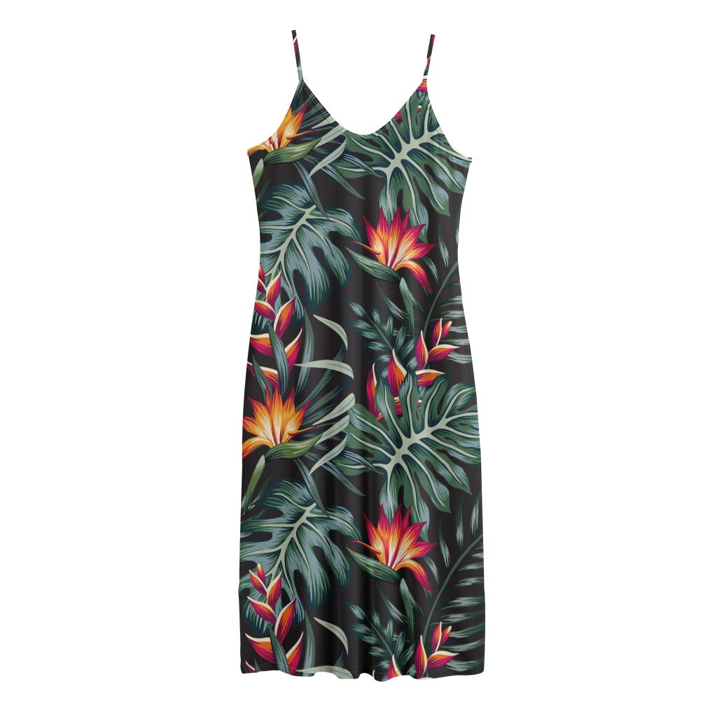 Hawaiian Tropical Plants Pattern Print Jersey Midi Cami Dress