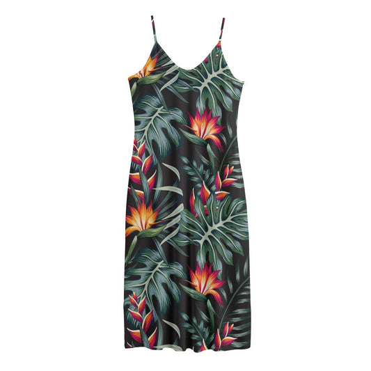 Hawaiian Tropical Plants Pattern Print Jersey Midi Cami Dress