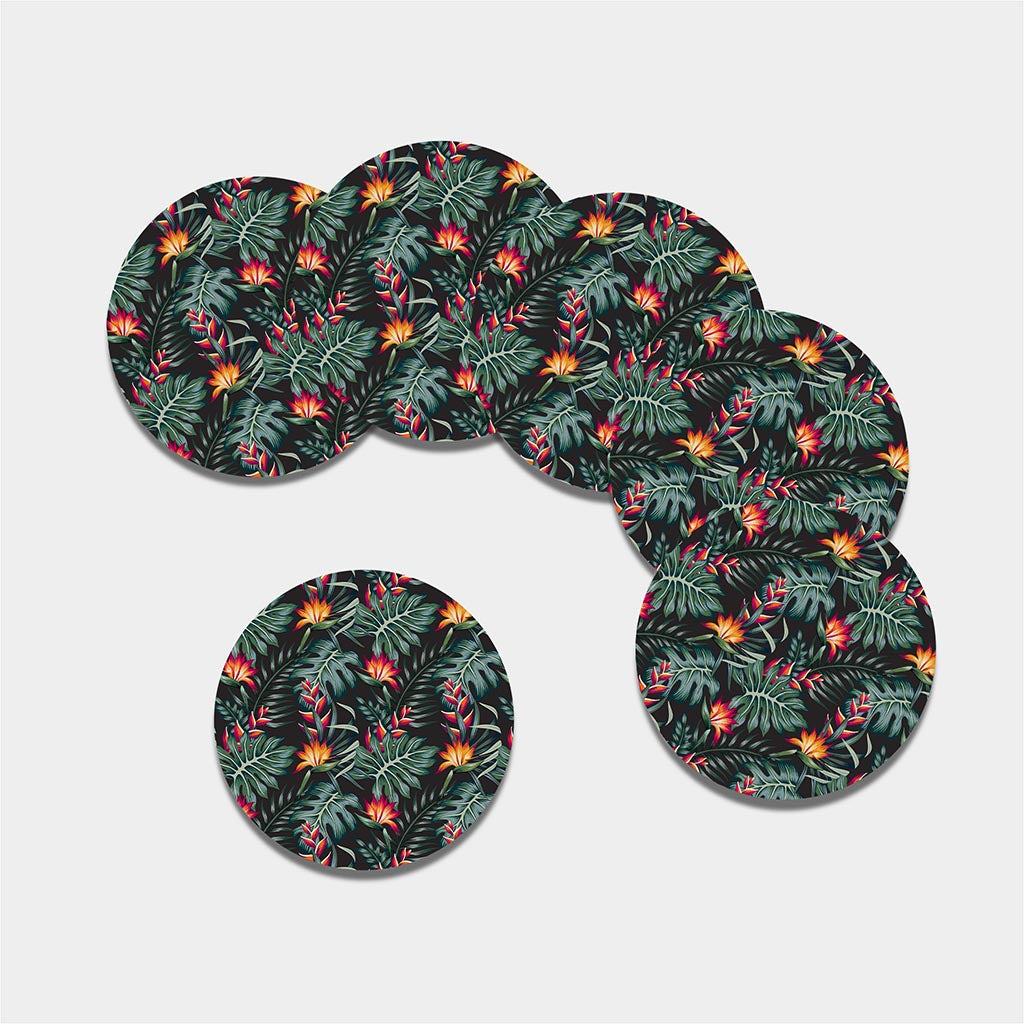 Hawaiian Tropical Plants Pattern Print Leather Coaster Set