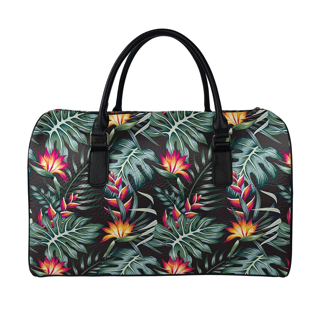Hawaiian Tropical Plants Pattern Print Leather Duffle Bag