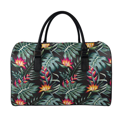 Hawaiian Tropical Plants Pattern Print Leather Duffle Bag