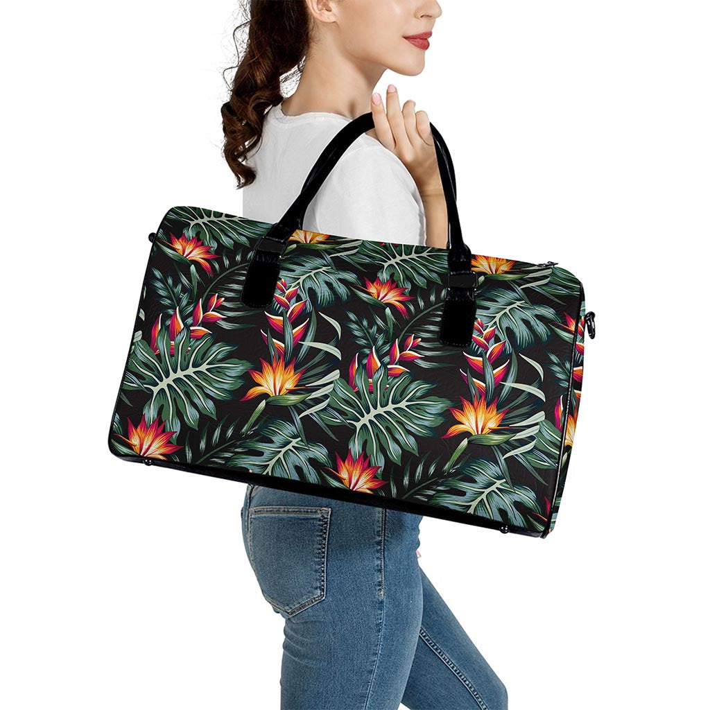Hawaiian Tropical Plants Pattern Print Leather Duffle Bag