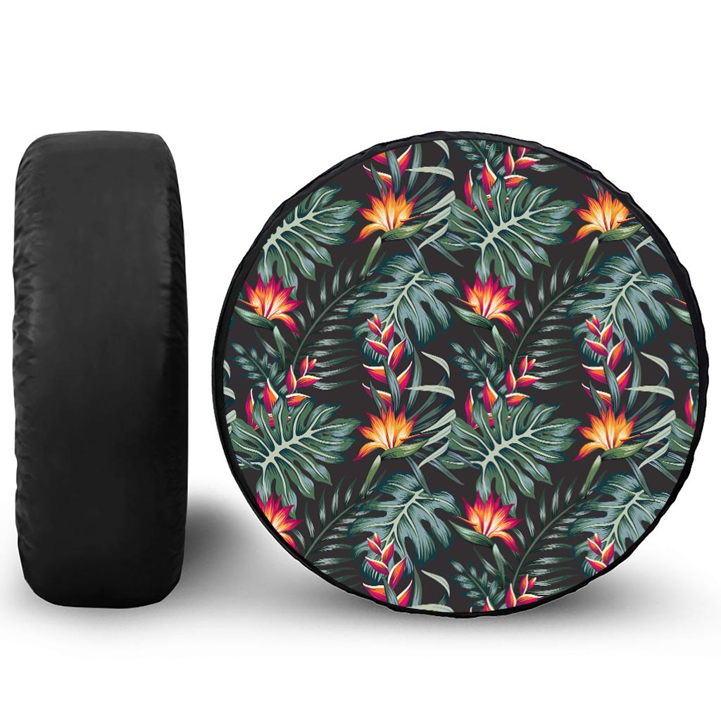 Hawaiian Tropical Plants Pattern Print Leather Spare Tire Cover