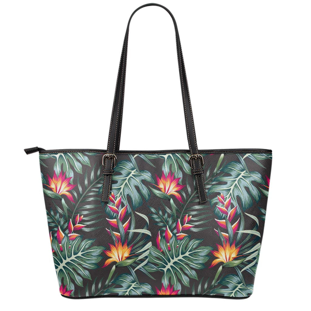 Hawaiian Tropical Plants Pattern Print Leather Tote Bag