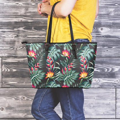 Hawaiian Tropical Plants Pattern Print Leather Tote Bag