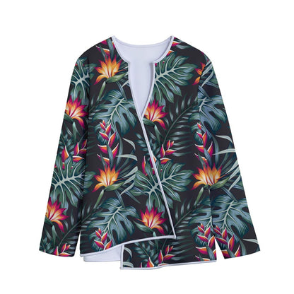 Hawaiian Tropical Plants Pattern Print Long Sleeve Short Coat