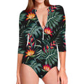 Hawaiian Tropical Plants Pattern Print Long Sleeve Swimsuit
