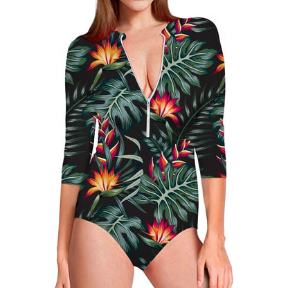 Hawaiian Tropical Plants Pattern Print Long Sleeve Swimsuit