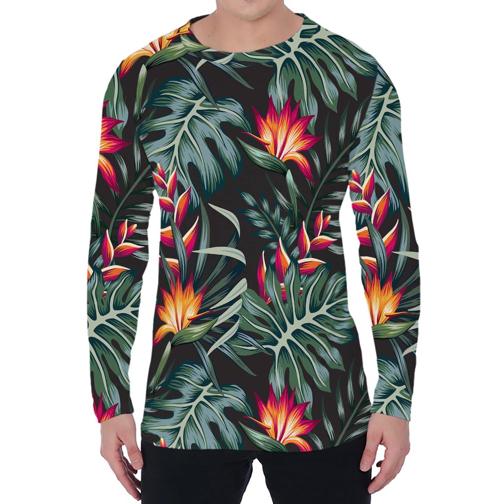 Hawaiian Tropical Plants Pattern Print Men's Long Sleeve T-Shirt