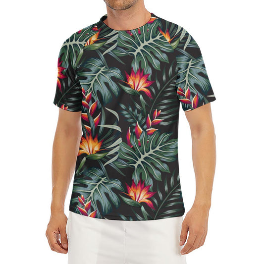 Hawaiian Tropical Plants Pattern Print Men's Short Sleeve Rash Guard