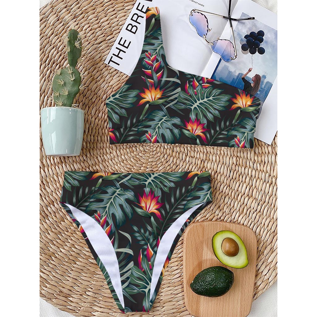 Hawaiian Tropical Plants Pattern Print One Shoulder Bikini Top