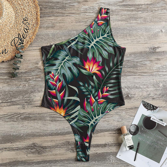 Hawaiian Tropical Plants Pattern Print One Shoulder Bodysuit