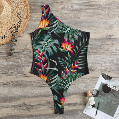 Hawaiian Tropical Plants Pattern Print One Shoulder Bodysuit