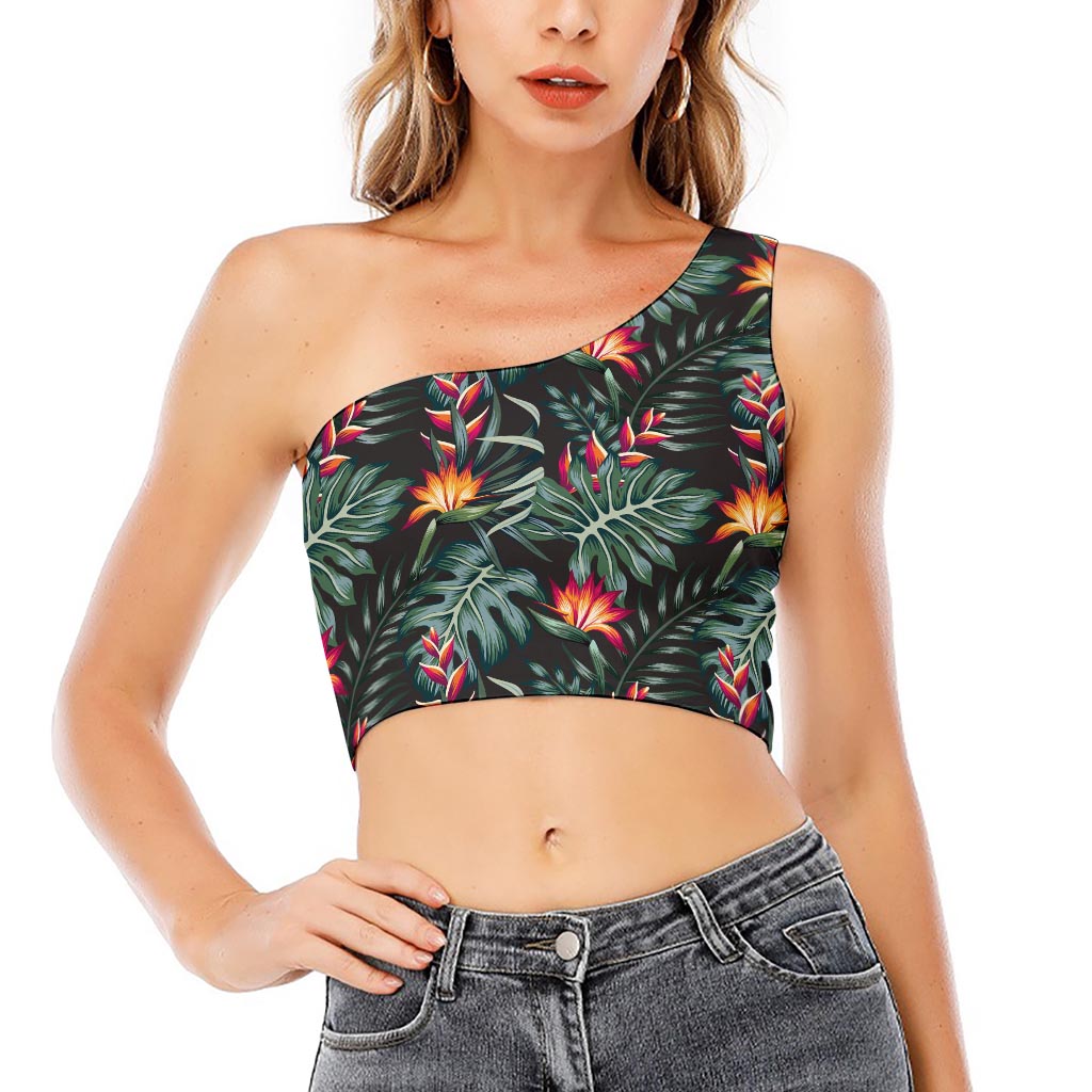 Hawaiian Tropical Plants Pattern Print One Shoulder Crop Top