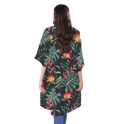 Hawaiian Tropical Plants Pattern Print Open Front Beach Cover Up