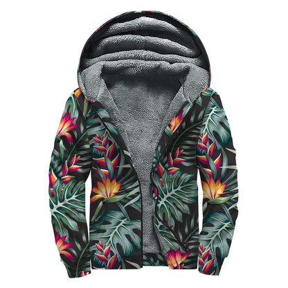 Hawaiian Tropical Plants Pattern Print Sherpa Lined Zip Up Hoodie