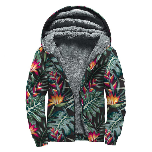 Hawaiian Tropical Plants Pattern Print Sherpa Lined Zip Up Hoodie