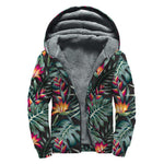 Hawaiian Tropical Plants Pattern Print Sherpa Lined Zip Up Hoodie