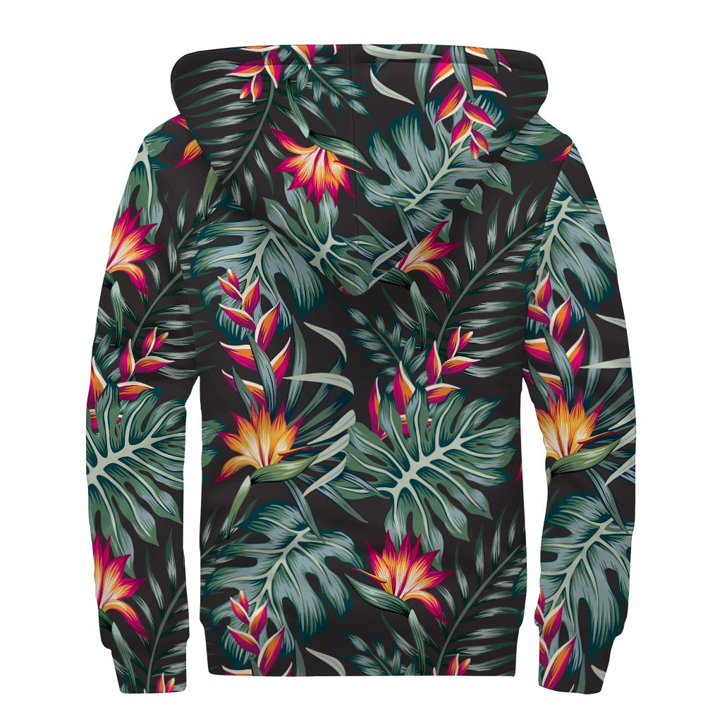 Hawaiian Tropical Plants Pattern Print Sherpa Lined Zip Up Hoodie