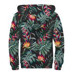 Hawaiian Tropical Plants Pattern Print Sherpa Lined Zip Up Hoodie