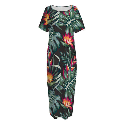 Hawaiian Tropical Plants Pattern Print Short Sleeve Long Nightdress