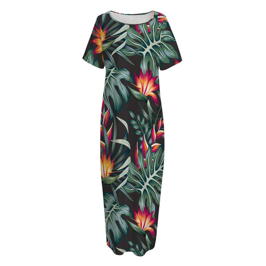 Hawaiian Tropical Plants Pattern Print Short Sleeve Long Nightdress