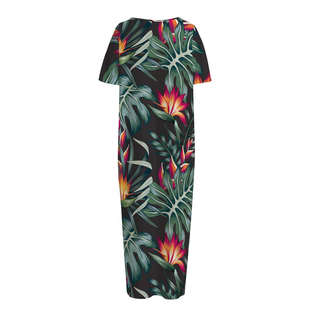 Hawaiian Tropical Plants Pattern Print Short Sleeve Long Nightdress