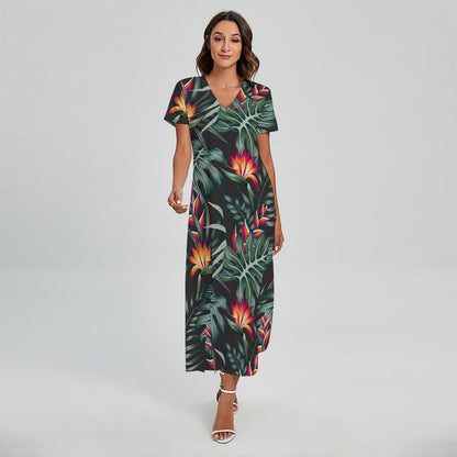 Hawaiian Tropical Plants Pattern Print Short Sleeve Maxi Dress