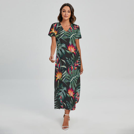 Hawaiian Tropical Plants Pattern Print Short Sleeve Maxi Dress
