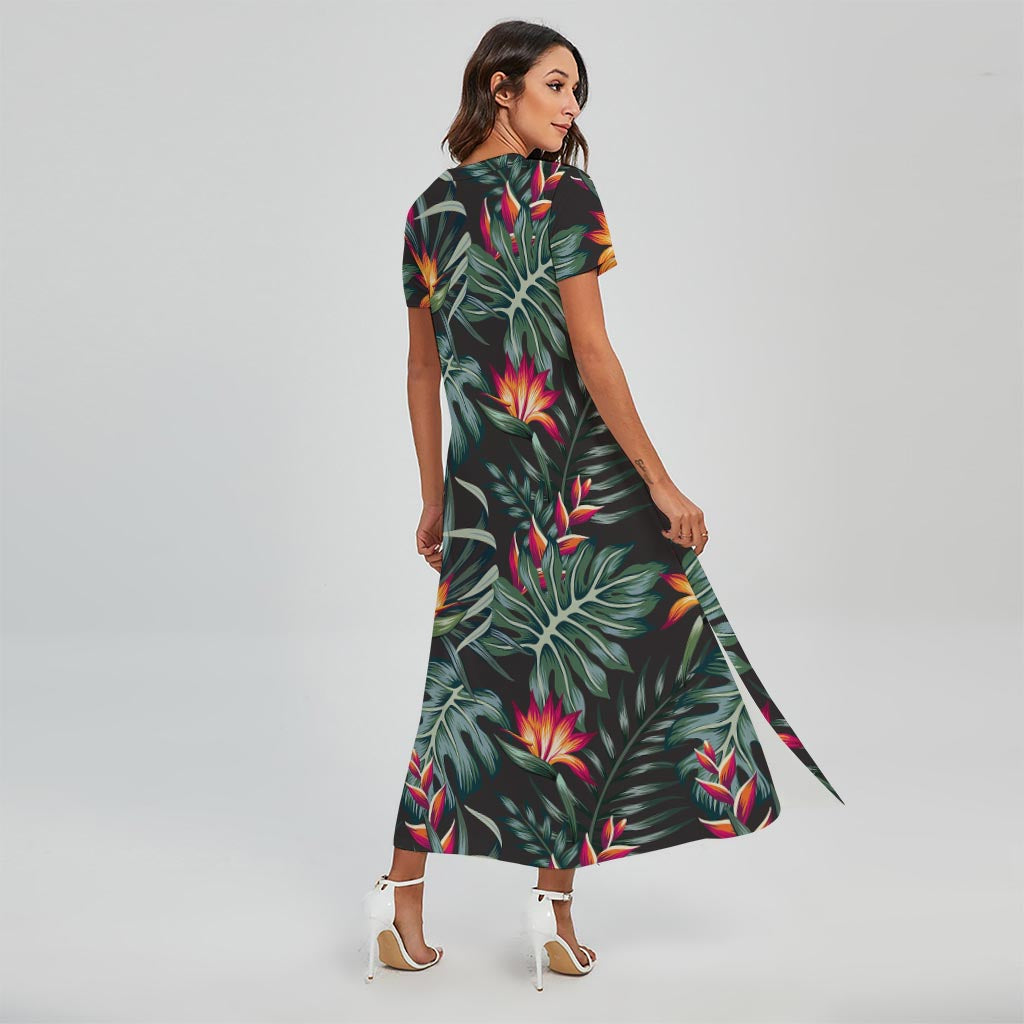Hawaiian Tropical Plants Pattern Print Short Sleeve Maxi Dress