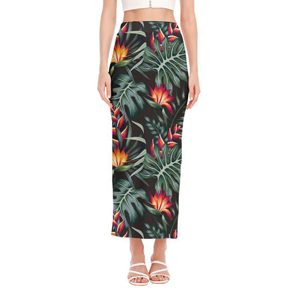Hawaiian Tropical Plants Pattern Print Side Slit Maxi Skirt