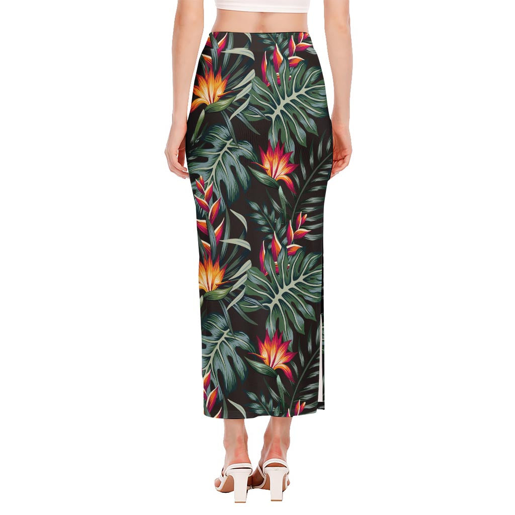 Hawaiian Tropical Plants Pattern Print Side Slit Maxi Skirt