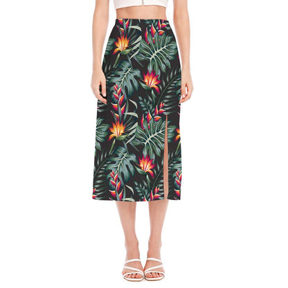 Hawaiian Tropical Plants Pattern Print Side Slit Midi Skirt