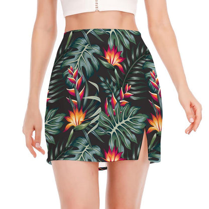 Hawaiian Tropical Plants Pattern Print Side Slit Mini Skirt