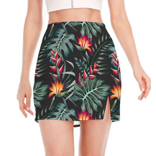 Hawaiian Tropical Plants Pattern Print Side Slit Mini Skirt