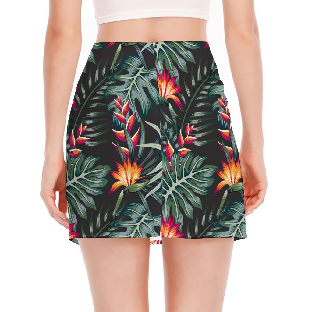 Hawaiian Tropical Plants Pattern Print Side Slit Mini Skirt