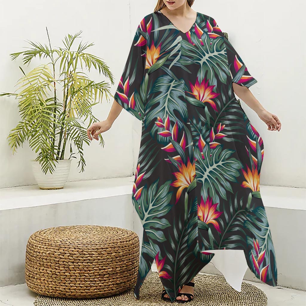 Hawaiian Tropical Plants Pattern Print Silk V-Neck Kaftan Dress