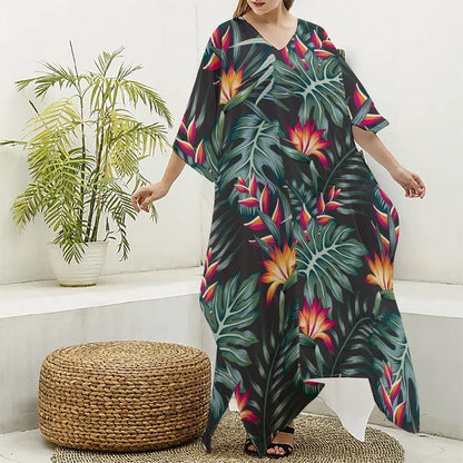 Hawaiian Tropical Plants Pattern Print Silk V-Neck Kaftan Dress