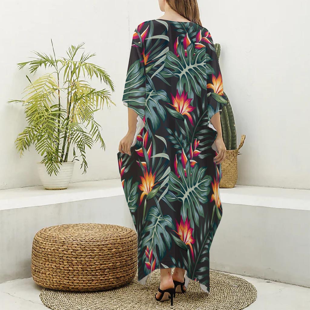 Hawaiian Tropical Plants Pattern Print Silk V-Neck Kaftan Dress