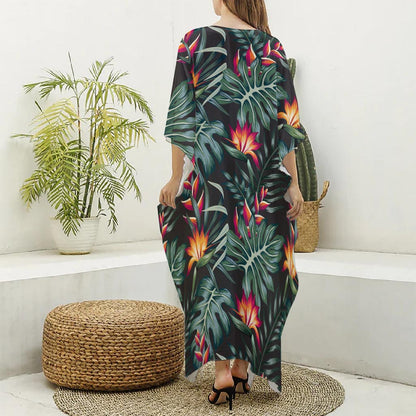 Hawaiian Tropical Plants Pattern Print Silk V-Neck Kaftan Dress